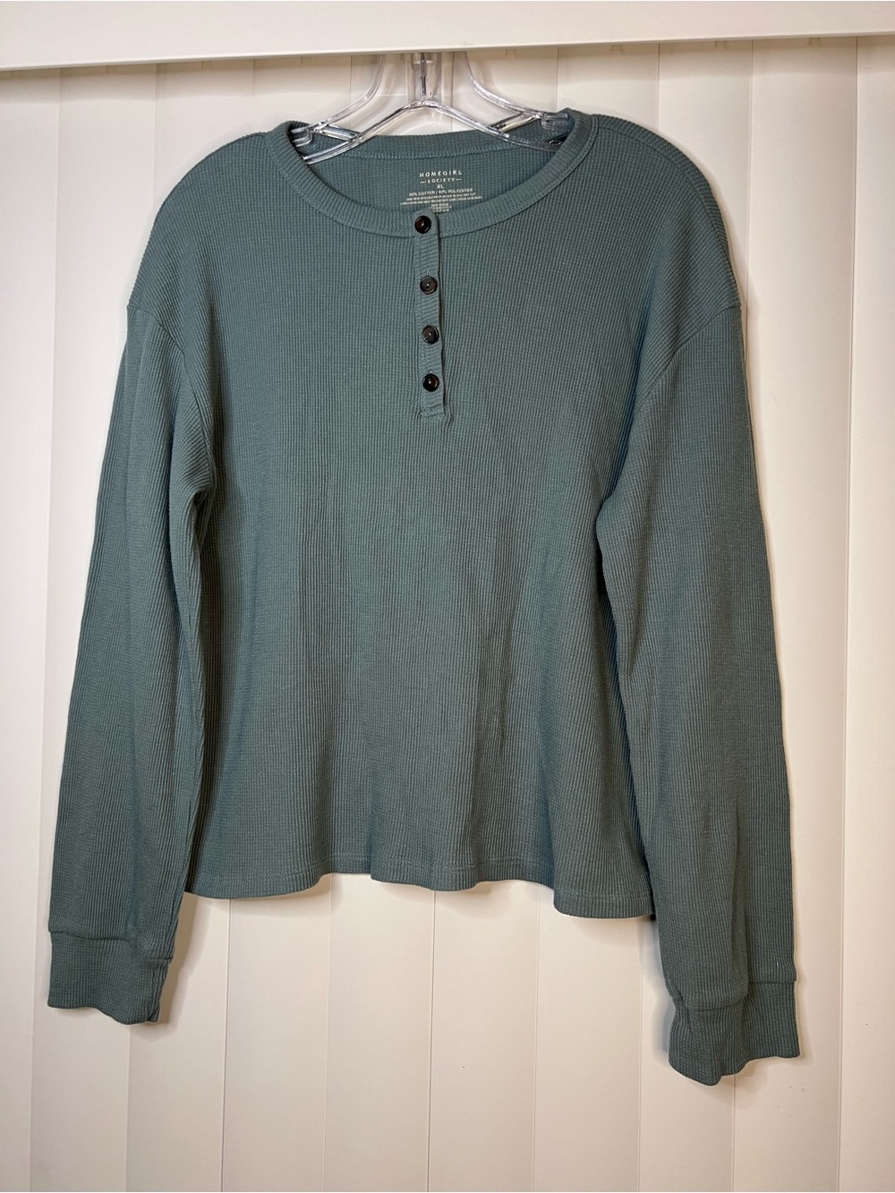 Homegirl Society Waffle Knit Henley in Dusty Sage
